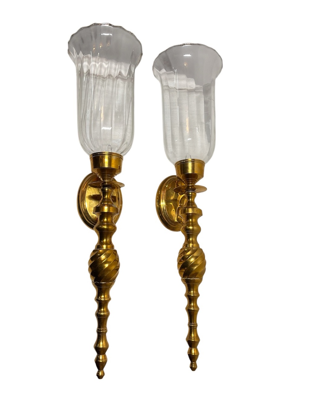 Gold Brass Wall Sconces with Clear Glass Shades. Use w taper candles. Victorian